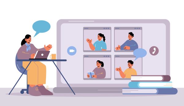 Online education, teacher and students webinar via video conference internet connection. Female tutor conduct lesson through laptop screen. People distant school training, Line art vector illustration