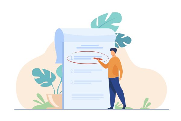 Manager prioritizing tasks in to do list. Man taking notes, planning his work, underlining important points. Vector illustration for agenda, checklist, management, efficiency concept