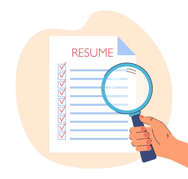 Hand of employer analyzing resume of candidate with magnifier. Document with checked checkboxes flat vector illustration. Job search, recruitment, HR concept for banner, website design or landing page
