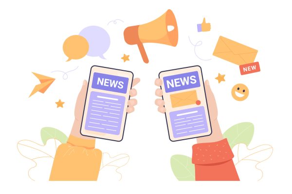 Hands holding mobile phones with news on screen. People reading newsletter or blog online on internet using cellphone app flat vector illustration. Journalism, social media, newspaper concept