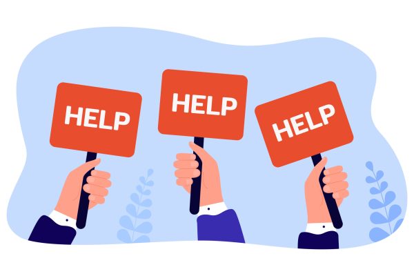 Hands of people holding help placards. Persons with signs asking for help or donations flat vector illustration. Support, assistance, charity concept for banner, website design or landing web page