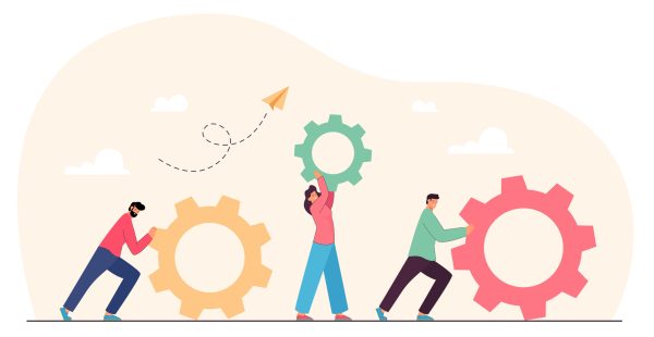Teamwork of tiny people with gears and cogwheels. Team of partners working on upgrade, repair, improving skills and client service flat vector illustration. Business organization, cooperation concept